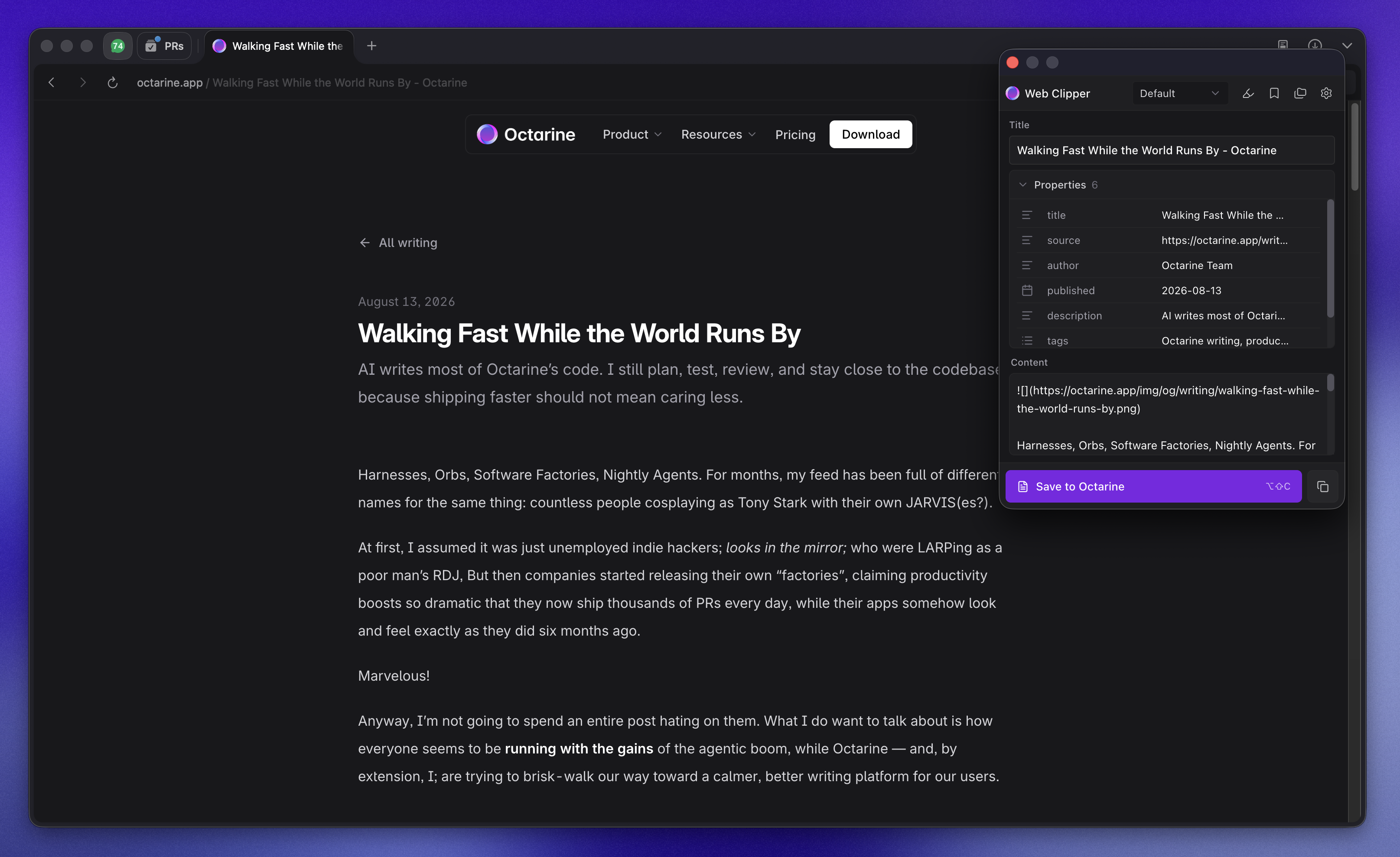 The Octarine Web Clipper popup saving a web page to Octarine, shown beside a readable article