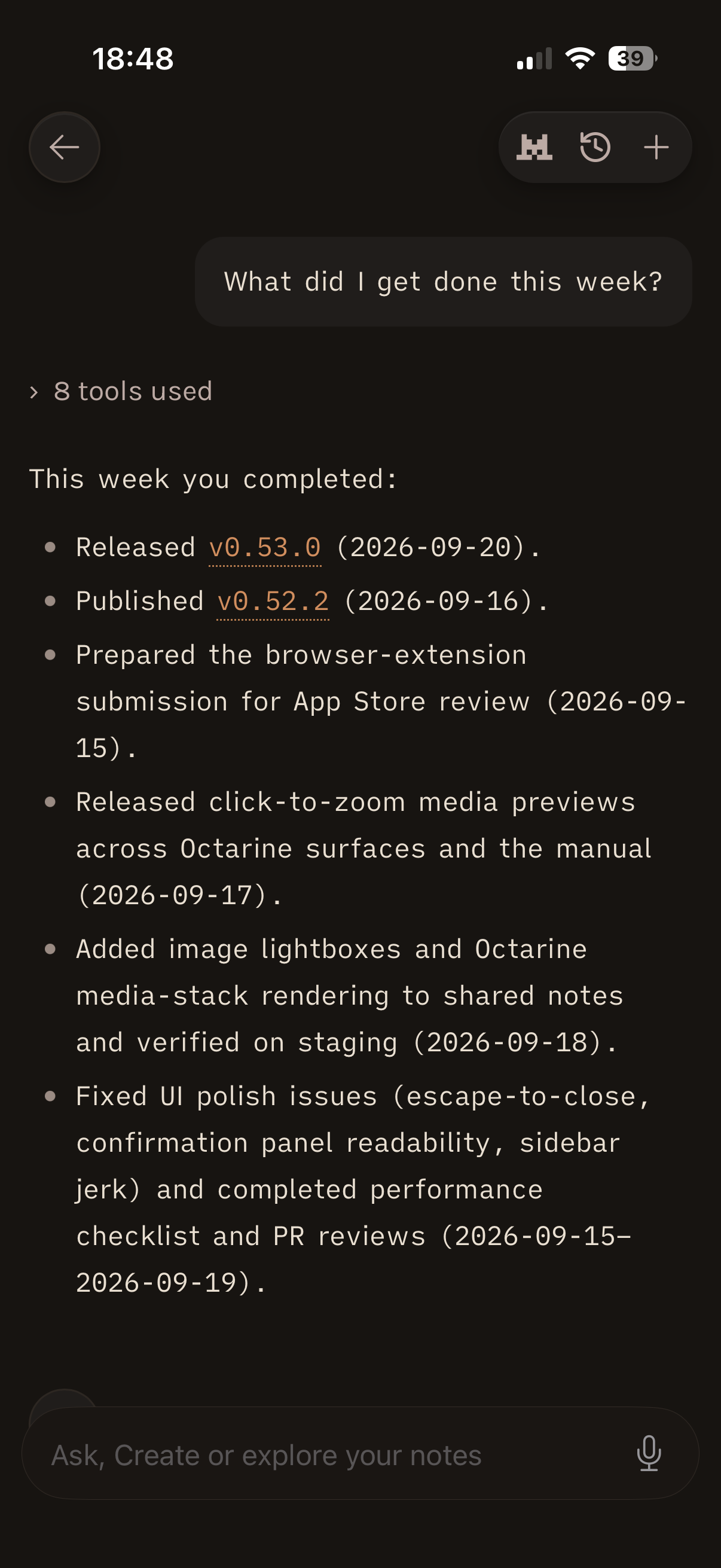 Octarine for iOS Ask Octarine screen