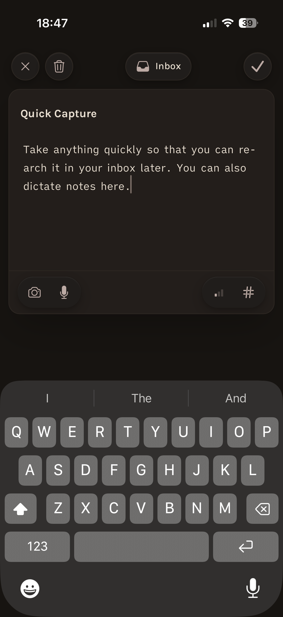 Octarine for iOS Quick Capture screen