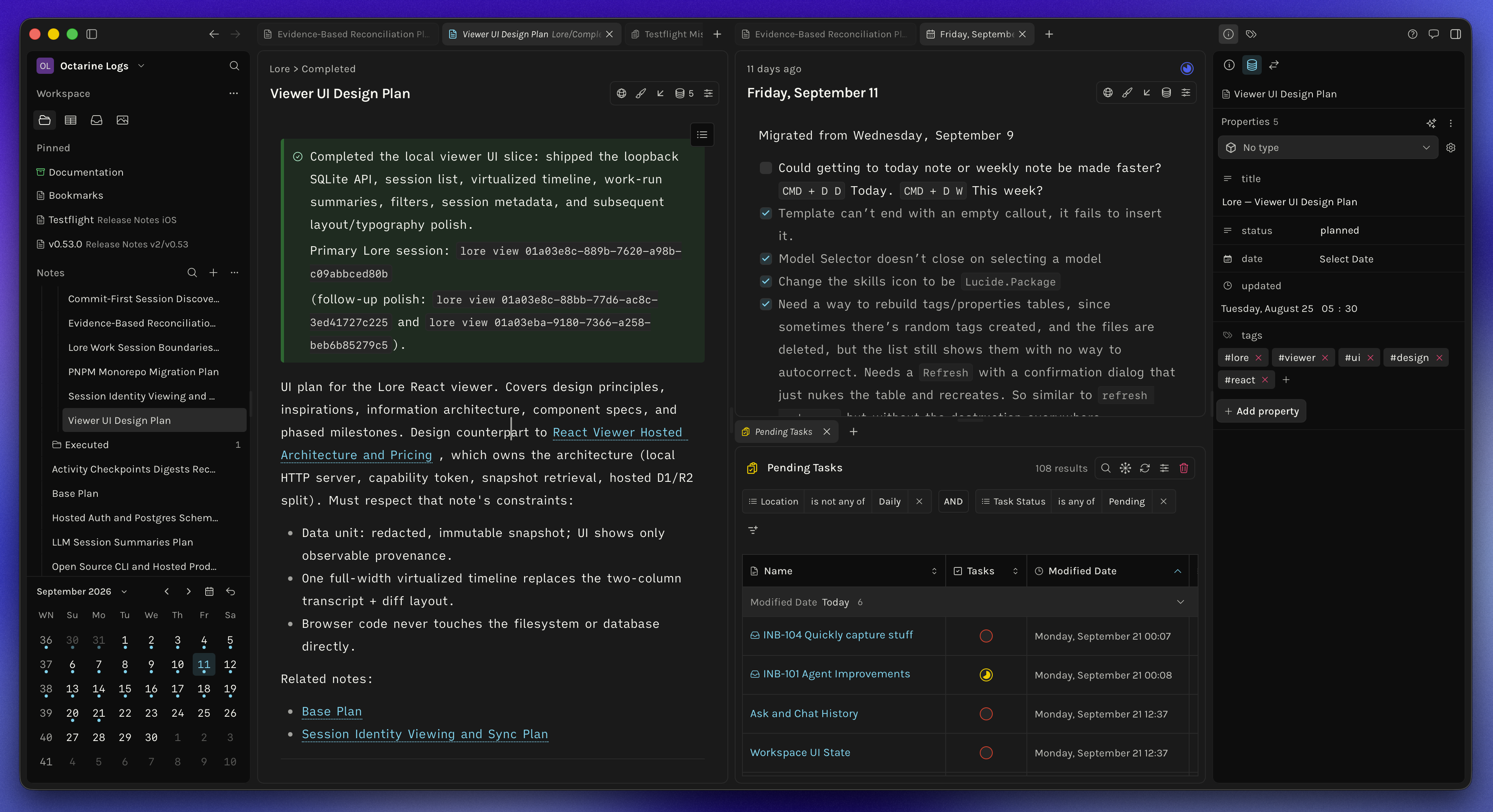 Octarine showing a writing workspace, views, and properties