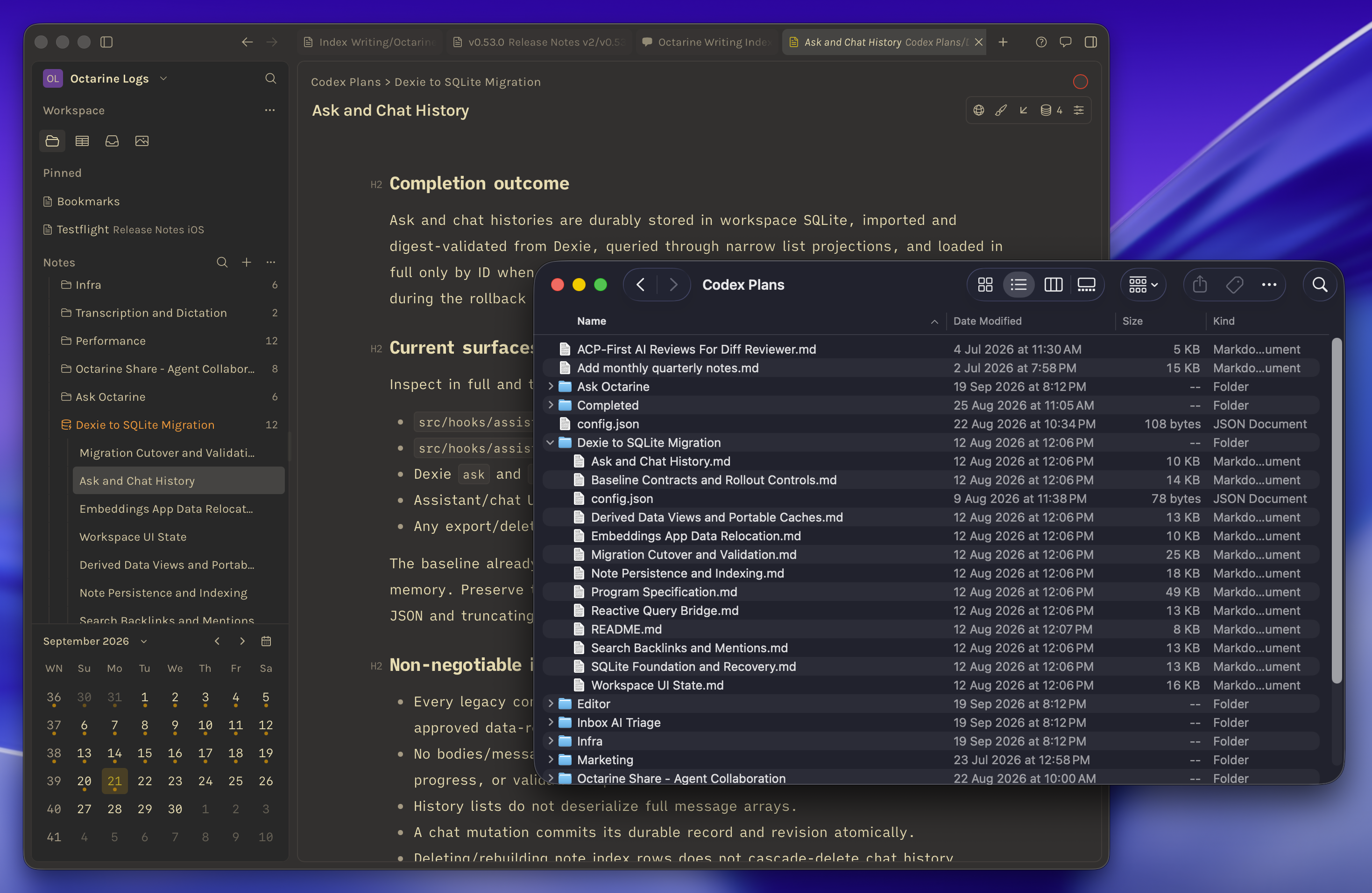 Showing side by side windows of Octarine and Finder showing the Octarine Workspace