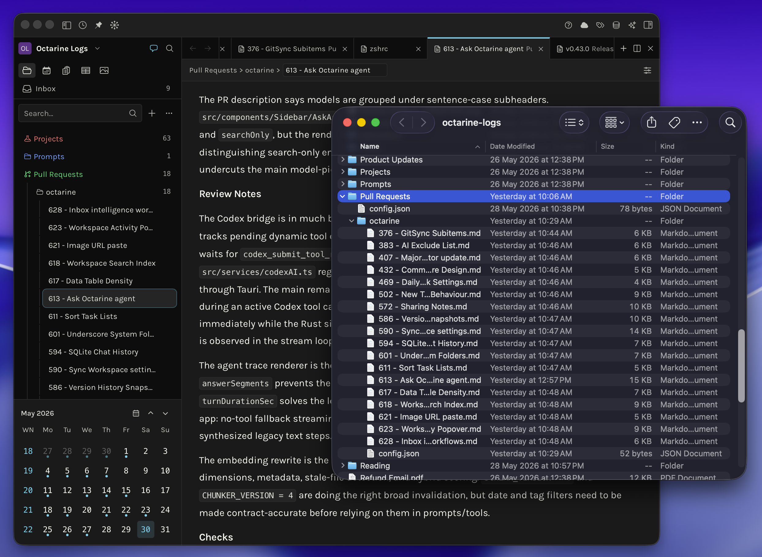 Showing side by side windows of Octarine and Finder showing the Octarine Workspace
