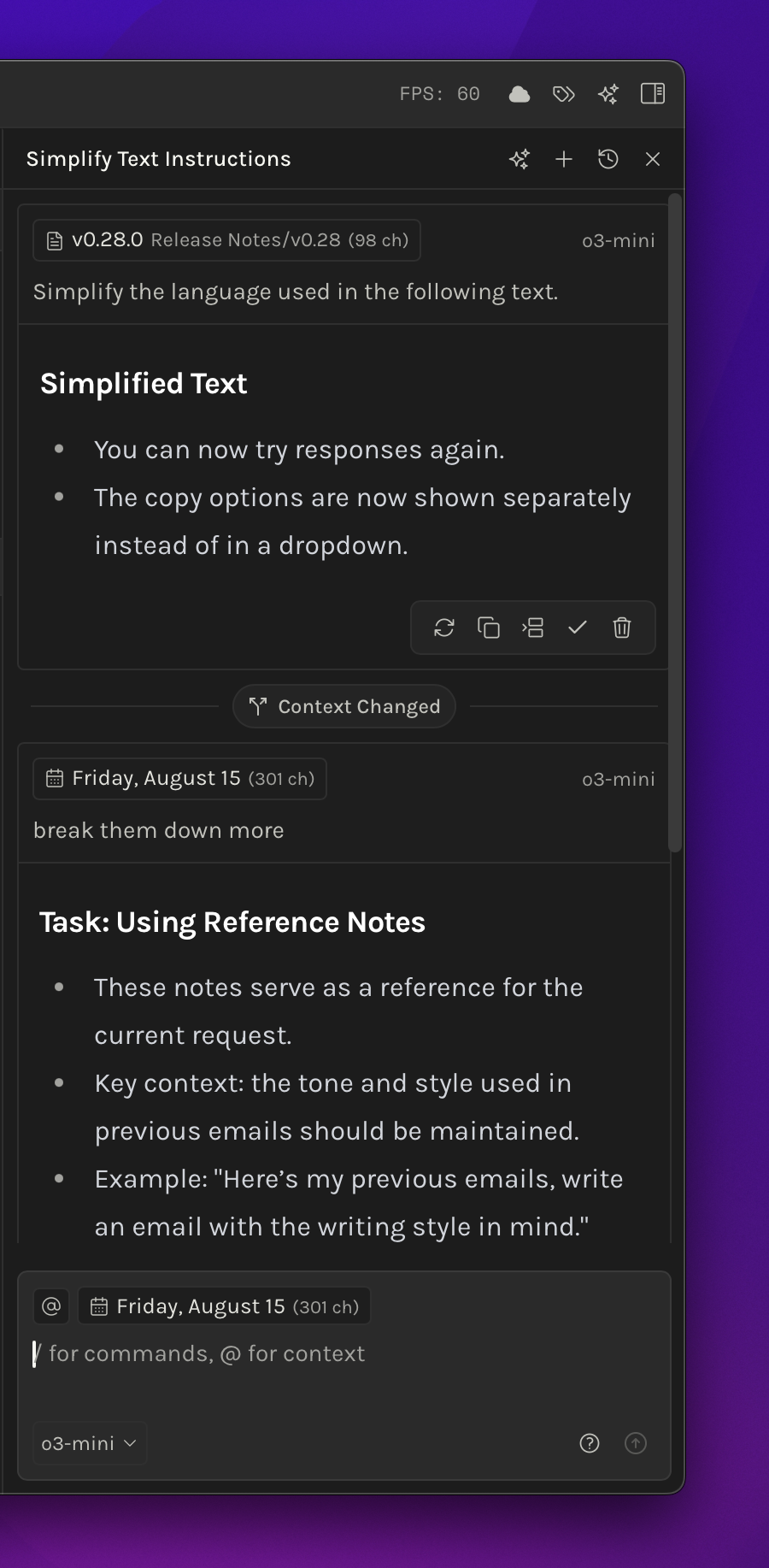 Context Changes in Writing Assistant